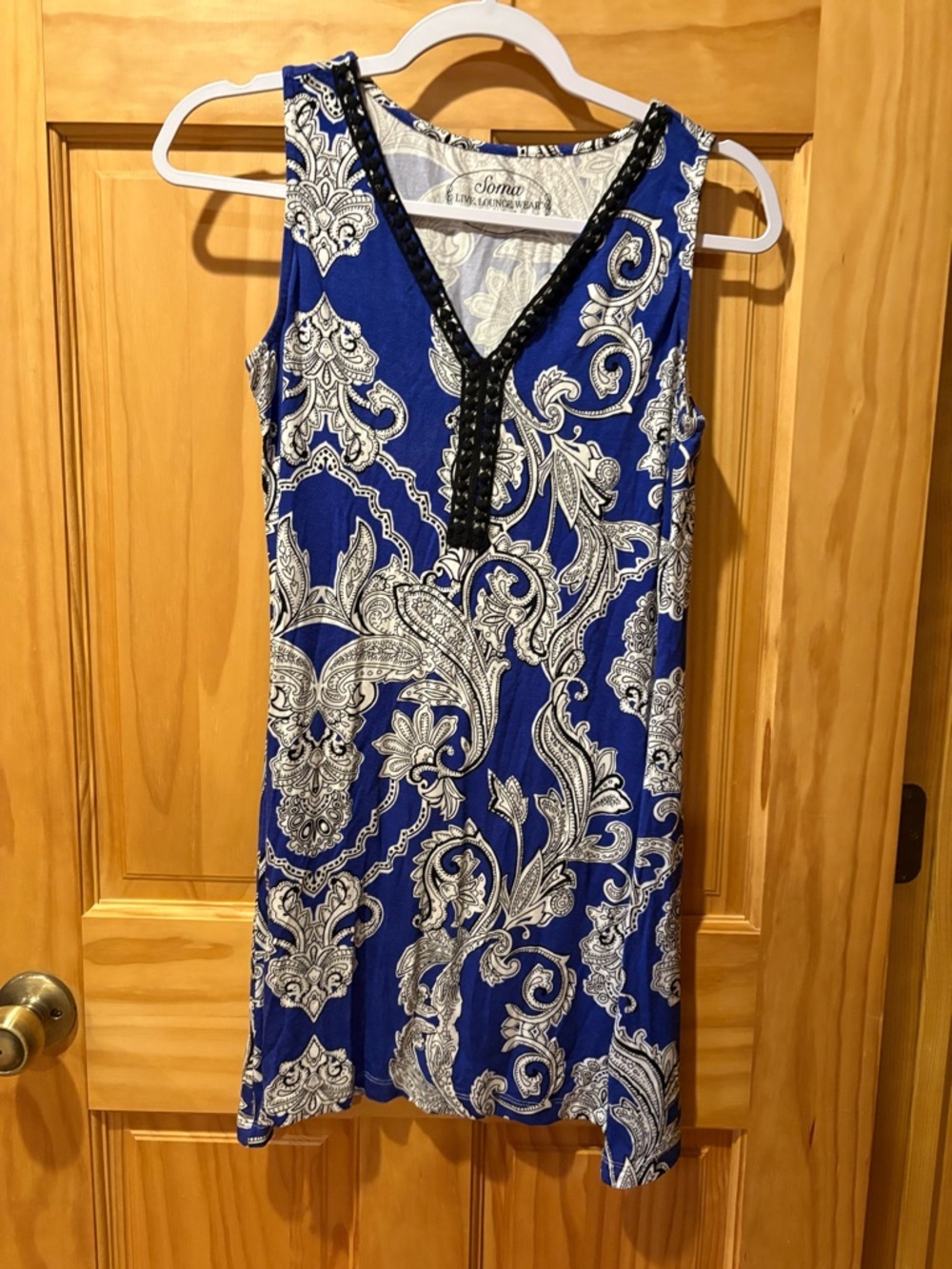 Soma Soft Jersey Crochet Trim Sleeveless Tunic Top blue white size S